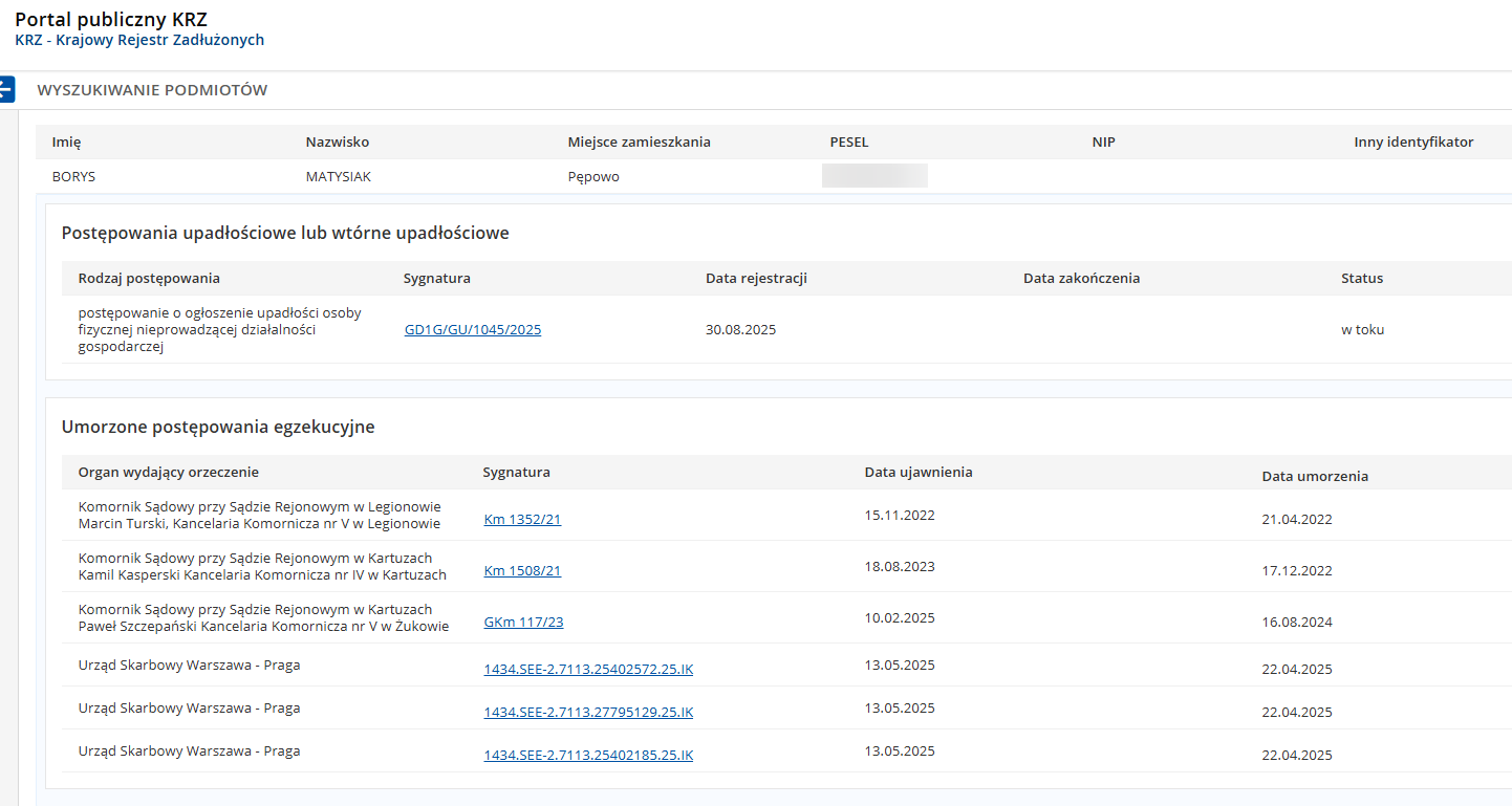Podgląd wniosku o upadłość konsumencką Borysa Feliksa Matysiaka